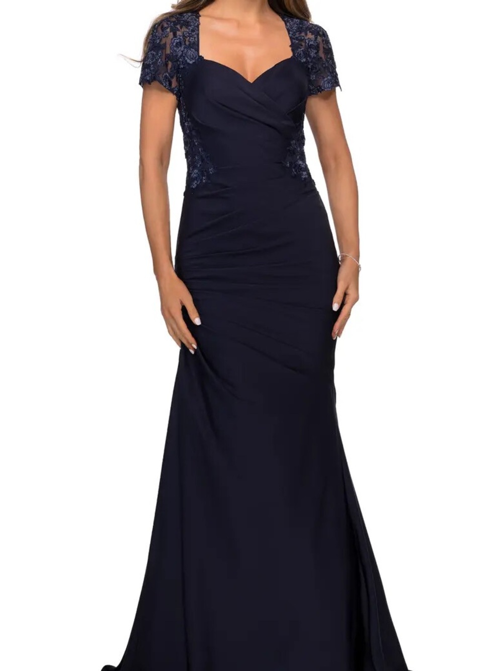 La Femme Navy Blue Lace Back Satin Trumpet Gown Size 6